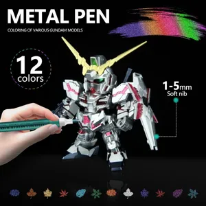 Metallic acrylic marker pen with soft nib, 12 vibrant colors for model coloring and DIY art.