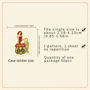 Detail view of Route 66 vintage pin-up sticker, showing single size range 2.18-4.23cm, 50pcs pack.