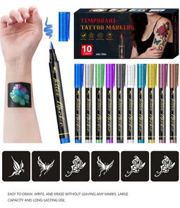 10 colors temporary tattoo markers set with stencils, skin-safe body art marking pens.