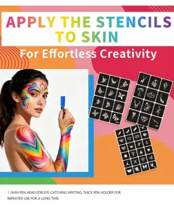 Temporary tattoo pen set with body art skin marker and various stencils for creative design.