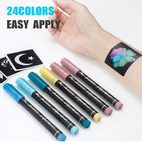 24 colors washable temporary tattoo marker pens set with stencils for body art party.