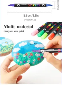 Rotulador de pintura acrílica de doble punta, vista detallada con especificaciones y pintura en piedra.