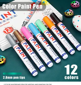 Colorful paint marker set with 12 vibrant colors and 2.8mm medium tips for DIY art and writing.