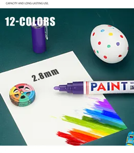 Detail shot of 12-colors waterproof paint marker pen with 2.8mm tip writing on white paper.