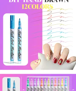 Detailed view of the 12 colors nail art marker pen set for DIY acrylic painting and drawing.