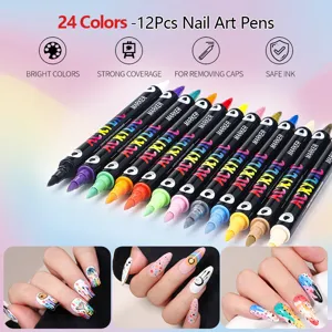 12pcs dual-ended nail art marker pens set with 24 vibrant colors for DIY manicure design.