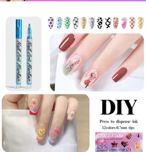 Nail art marker pen 12 colors 0.7mm tips water-based quick-dry DIY nail painting tools.