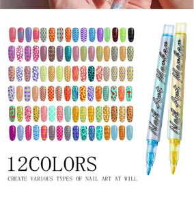 Nail art marker detail view showing 12 color options and various creative pattern samples.
