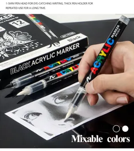 Acrylic marker pens set 12 pcs, 1-5mm soft tip water-based liquid art graffiti pens for drawing.