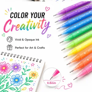 Close-up view of vibrant acrylic paint pens in various colors with notebook doodles and 0.8mm tip.