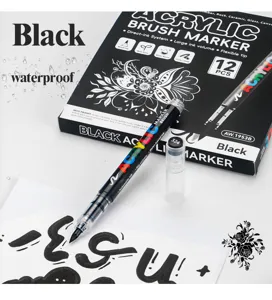 Acrylic brush marker set with 12 pieces, direct-ink system, waterproof black ink for DIY art.