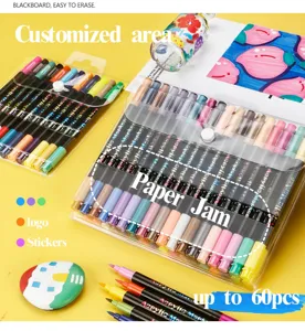 Detail de l'ensemble de feutres acryliques avec stylos colores a double pointe etui.