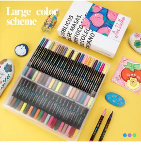 Vue détaillée du kit de marqueurs acryliques colorés dans une jolie boîte de rangement.