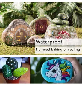 Waterproof rock painting markers details showing cute unicorn and fairy house DIY stone crafts