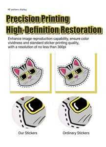 Detalle de pegatina de gato de dibujos animados impreso en alta definición, impermeable.