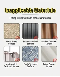 Instrucciones detalladas que muestran superficies de materiales inadecuadas para pegatinas.