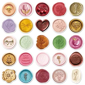 Close-up detail of vintage retro wax seal stickers, featuring various botanical and heart patterns.