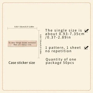 Vintage English note stickers specification detail showing size range and fifty pieces package.