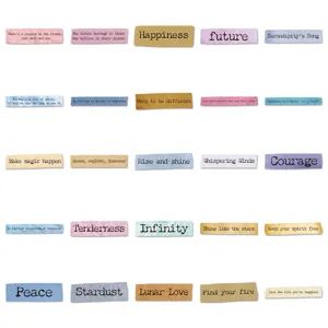 Close-up detail of retro English inspirational quote stickers, diverse motivational word designs.