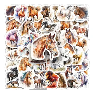 Set de 50 pegatinas impermeables de vinilo con caballo en acuarela para portátil y botella de agua.