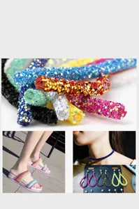 Detailed view of colorful rhinestone chain trim, perfect for shoes, bags and crafts.