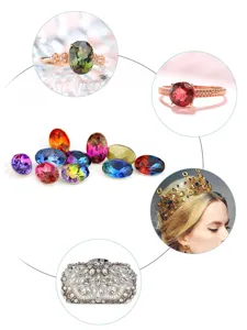 Detailed view of colorful gemstone rings, DIY crystal stones, tiara crown and crystal clutch.