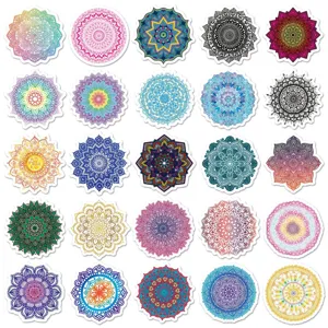 Mandala stickers detail view showing intricate geometric patterns and vibrant waterproof designs.