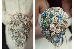 Ramo de novia de pedrería y cristales hecho a mano, accesorio de boda brillante y elegante.