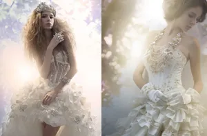 Exquisitos detalles de diamantes de imitación en lujoso vestido de novia blanco, brillante.