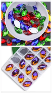 Close-up van levendige navette glasstrassteinen met sprankelende facetten en kristalkleuren.