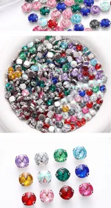 Detail view of colorful acrylic claw rhinestones with four-hole metal bases for DIY crafts.