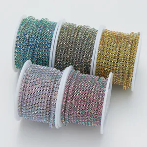 Colorful rhinestone chain detail shot, sparkling DIY claw chain for crafts and nail art decoration