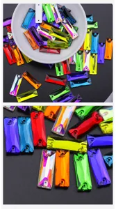 Glass sew-on rhinestone with double holes, colorful AB crystal for DIY crafts detail view.