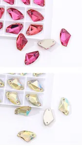 Close-up of crystal axe sew-on rhinestones, brilliant glass faceted detail for apparel decor.