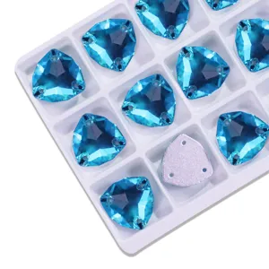 Blue fat triangle flatback sew on rhinestones glass crystal stones for DIY clothing decor.