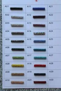 Rhinestone cord trim color chart SKU display showing diverse sparkling crystal cylinder options.