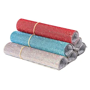 Self-adhesive rhinestone mesh rolls, sparkling crystal diamond sheets for DIY clothing crafts.