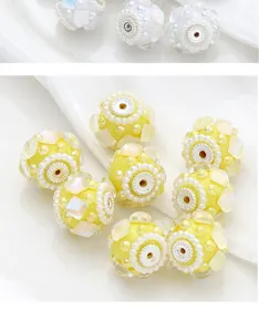 DIY beaded flower ball accessories with center hole, yellow and white pearl rhinestone crafts.