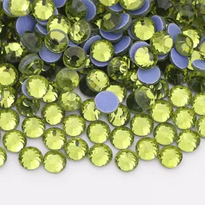 Wholesale flatback hotfix glass rhinestones in olive green color for DIY crafts and nail art.