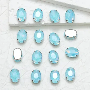 Oval glass rhinestones with claw settings, light blue AB crystal DIY clothing accessories details.