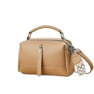 Stijlvolle khaki lederen handtas voor dames, eenvoudige casual schoudertas voor dagelijks.