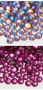 Close-up detail view of colorful glass crystal rhinestones, showing brilliant facets and vibrant sparkle.