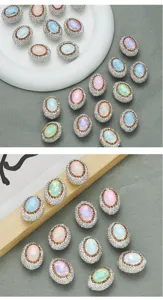 Cuentas ovaladas de arcilla con diamantes de imitacion para bolsos DIY y accesorios, vista detallada.