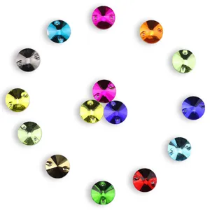 Colorful round sew-on glass crystals with two holes for DIY apparel and dress crafting.