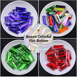 Boxed colorful flat back glass sewing buttons, rectangular crystal rhinestones for DIY crafts.
