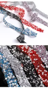 Multi-color resin rhinestone pearl ribbon trim DIY self-adhesive sparkly craft crystal strip.