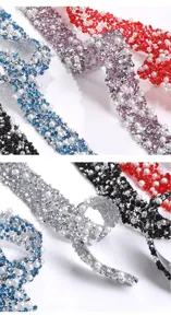 Close-up details of colorful resin rhinestone and pearl DIY adhesive ribbons in various shades.