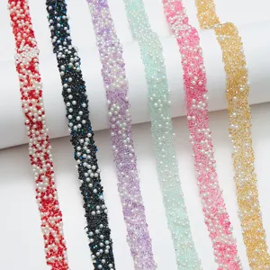 Colorful resin rhinestone ribbon with pearls DIY self-adhesive sticker strips for crafts