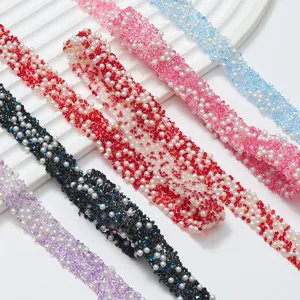Self-adhesive resin rhinestone and pearl trim strips for DIY crafts, colorful crystal ribbon.