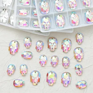 Bunte Glas Totenkopf Flachrücken Strasssteine Handgenäht DIY Kristall Edelstein Perlen Für Kleidung Handwerk Dekoration